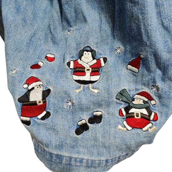 C.J. Banks 2X Plus Size Vintage 2004 Penguin Embroidered Denim Christmas Shirt - Picture 3 of 12